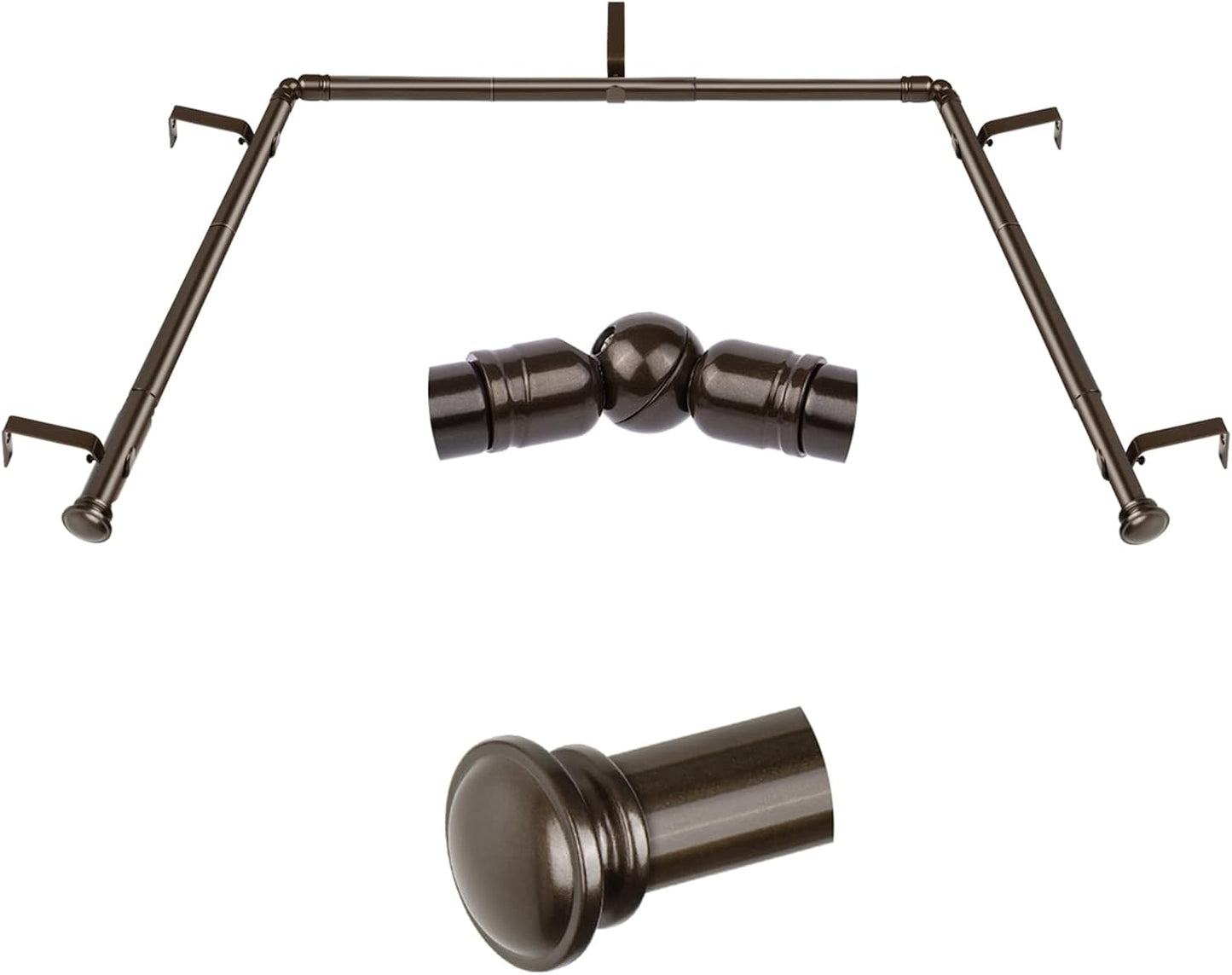 TONIAL Bay Window Curtain Rods, 36 to 72 Inch Center Rod for window, 20 to 36 Inch Side Rods for windows 3/4 Inch Decorative Drapery Rods with Small Cap Finial, Light Black