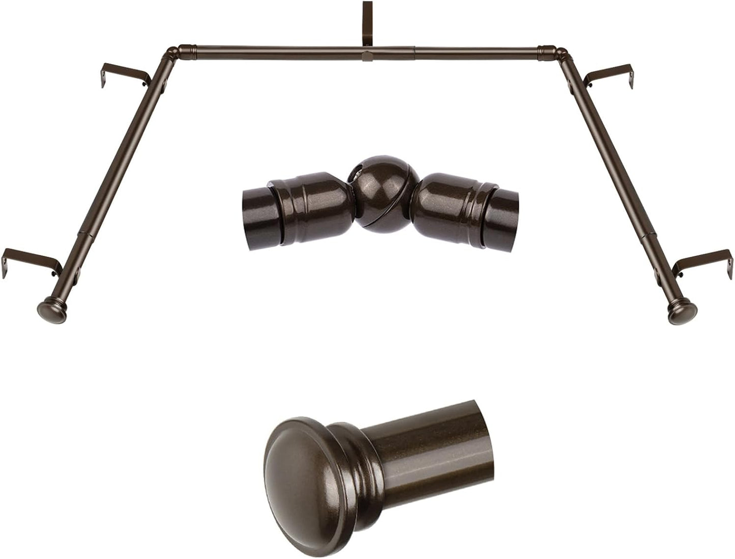 TONIAL Bay Window Curtain Rods, 36 to 72 Inch Center Rod for window, 20 to 36 Inch Side Rods for windows 3/4 Inch Decorative Drapery Rods with Small Cap Finial, Light Black