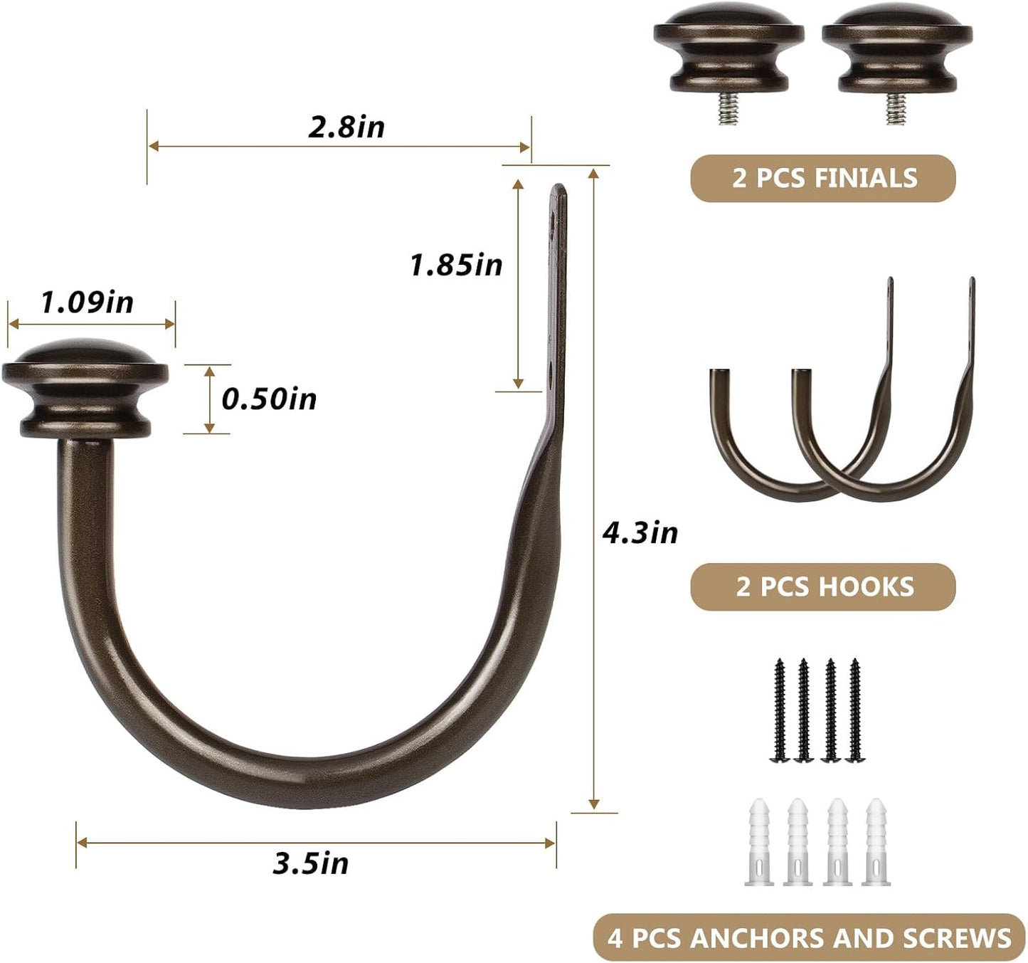 TONIAL Curtain Holdbacks 2 Pack, Decorative Window Drapery Tiebacks for Wall with Small Finials (1 Pair/2 Pack), Bronze