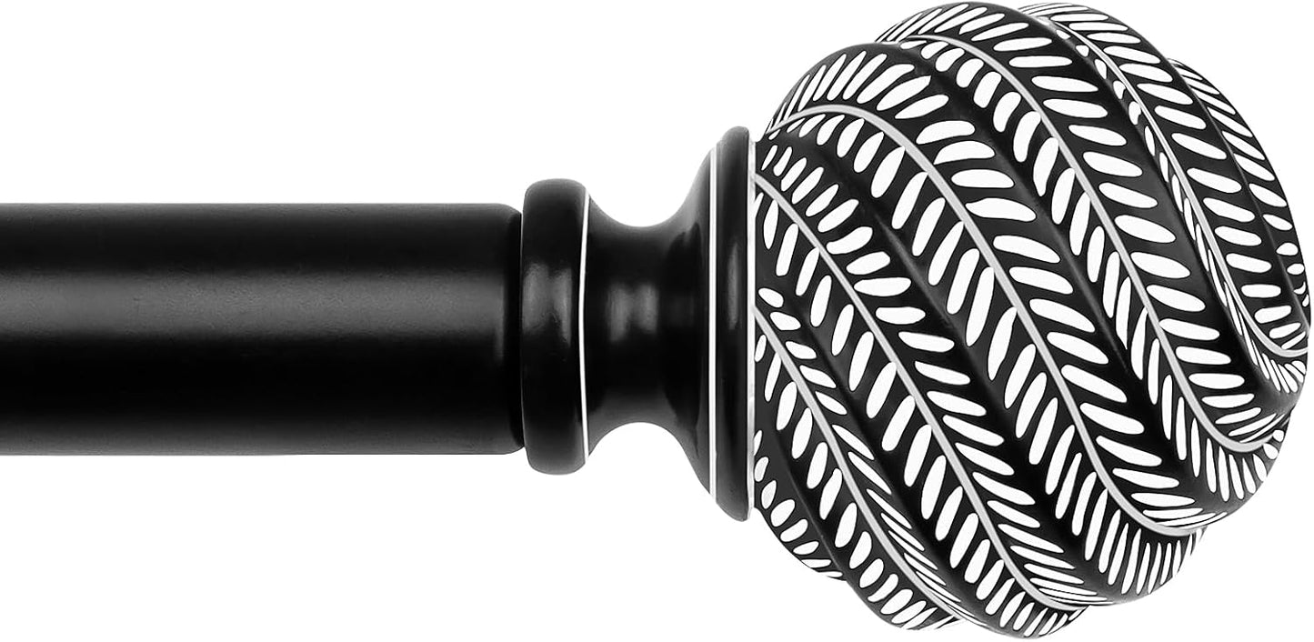 TONIAL 1 Inch Wood Curtain Rods for Windows 66 to 120 Inches, Adjustable 32-120 Inch Long Drapery Rod with Wood Grain Leaf Pattern Finials, Boho Curtain Rod for Living Room, Bedroom, Outdoor, Brown