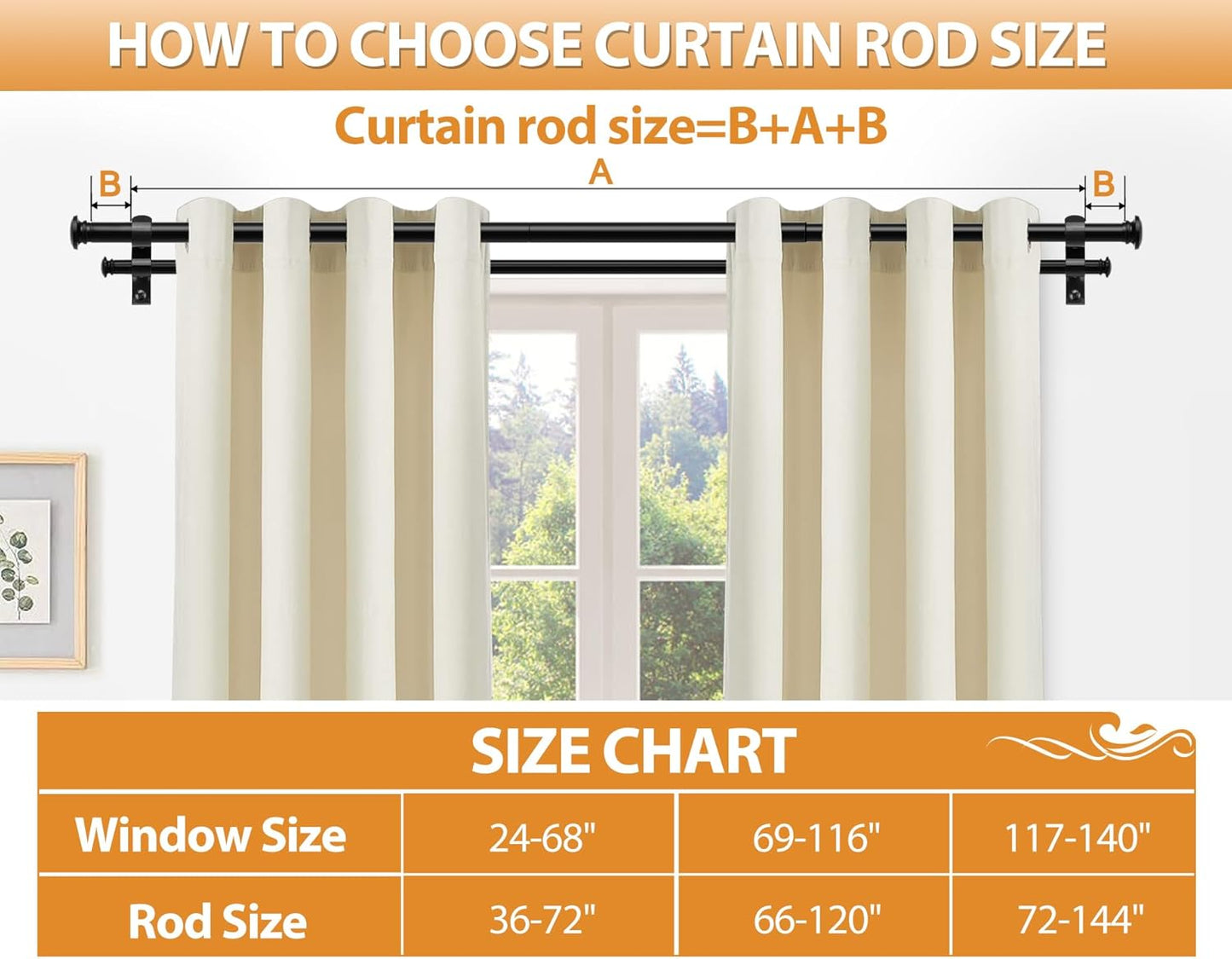 TONIAL 1 Inch Double Curtain Rods 72 to 144 Inch (6 to 12 ft), Heavy Duty Decorative Drapery Rod for Windows 69 to 140 Inch (5.75 to 11.7 ft) with Small Cap Finial, Black
