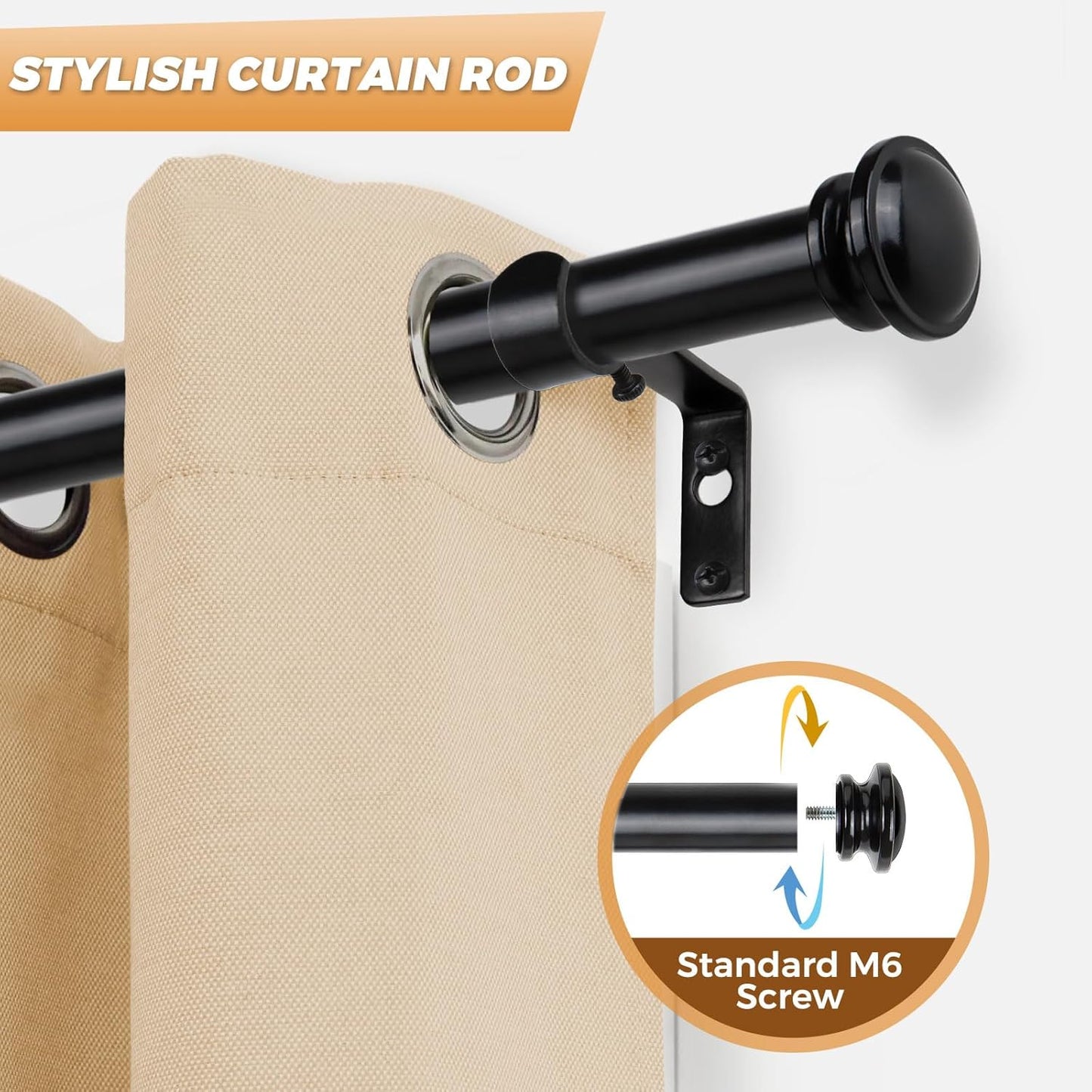 TONIAL Bay Window Curtain Rods, 36 to 72 Inch Center Rod for window, 20 to 36 Inch Side Rods for windows 3/4 Inch Decorative Drapery Rods with Small Cap Finial, Light Black