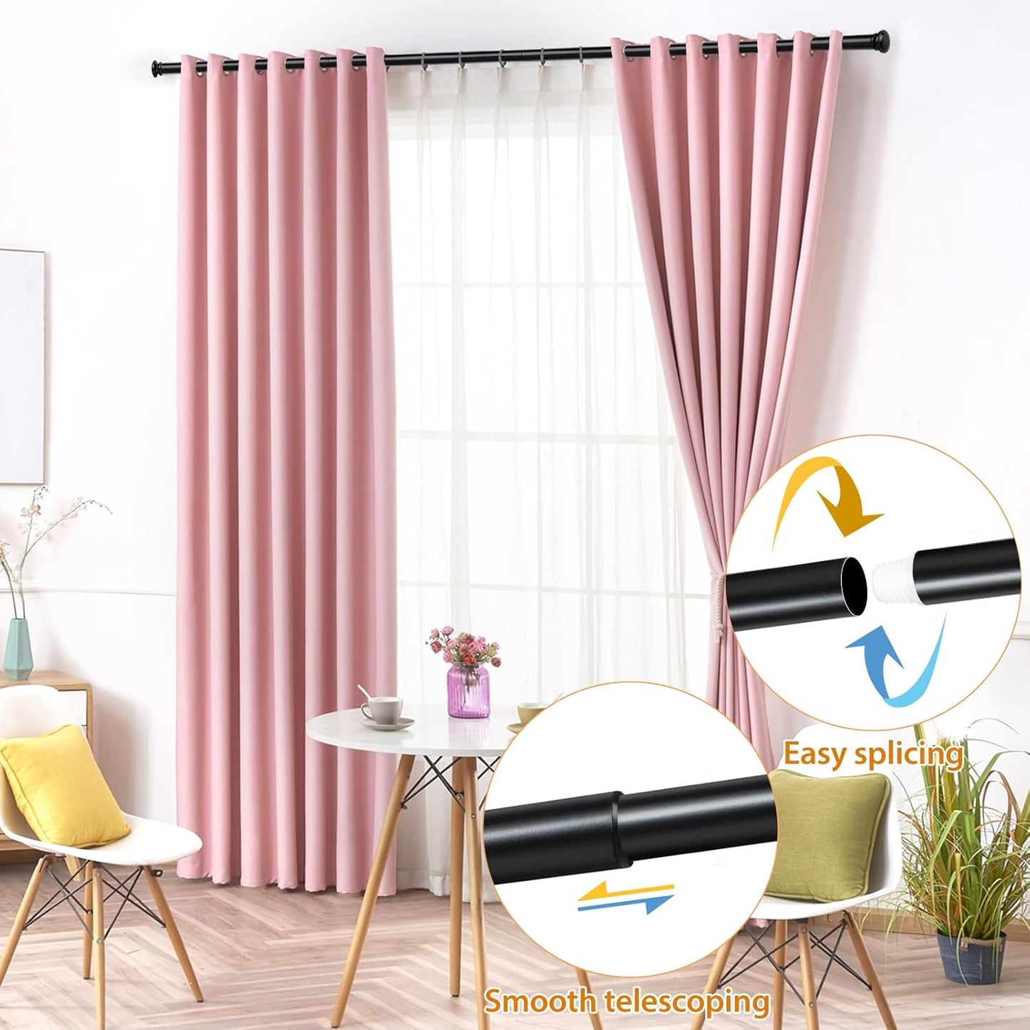 TONIAL Curtain Rod 32 to 58 Inch(2.6-4.8ft), Telescoping Splicing 3/4 Drapery Rods for Windows 20 to 53 Inch(1.7-4.4ft), Decorative Single Rod with Small Cap Finial, Black