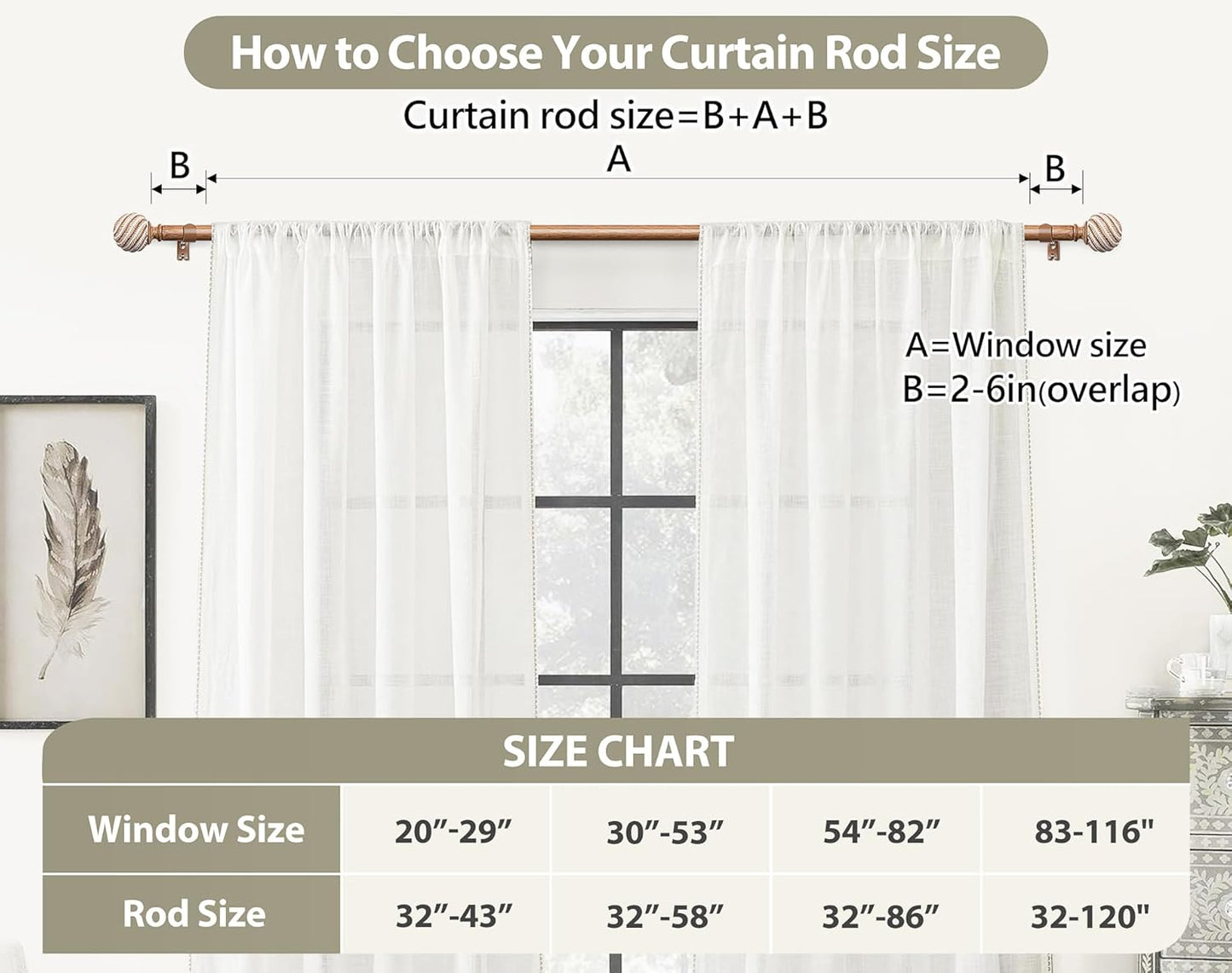 TONIAL 1 Inch Wood Curtain Rods for Windows 66 to 120 Inches, Adjustable 32-120 Inch Long Drapery Rod with Wood Grain Leaf Pattern Finials, Boho Curtain Rod for Living Room, Bedroom, Outdoor, Brown
