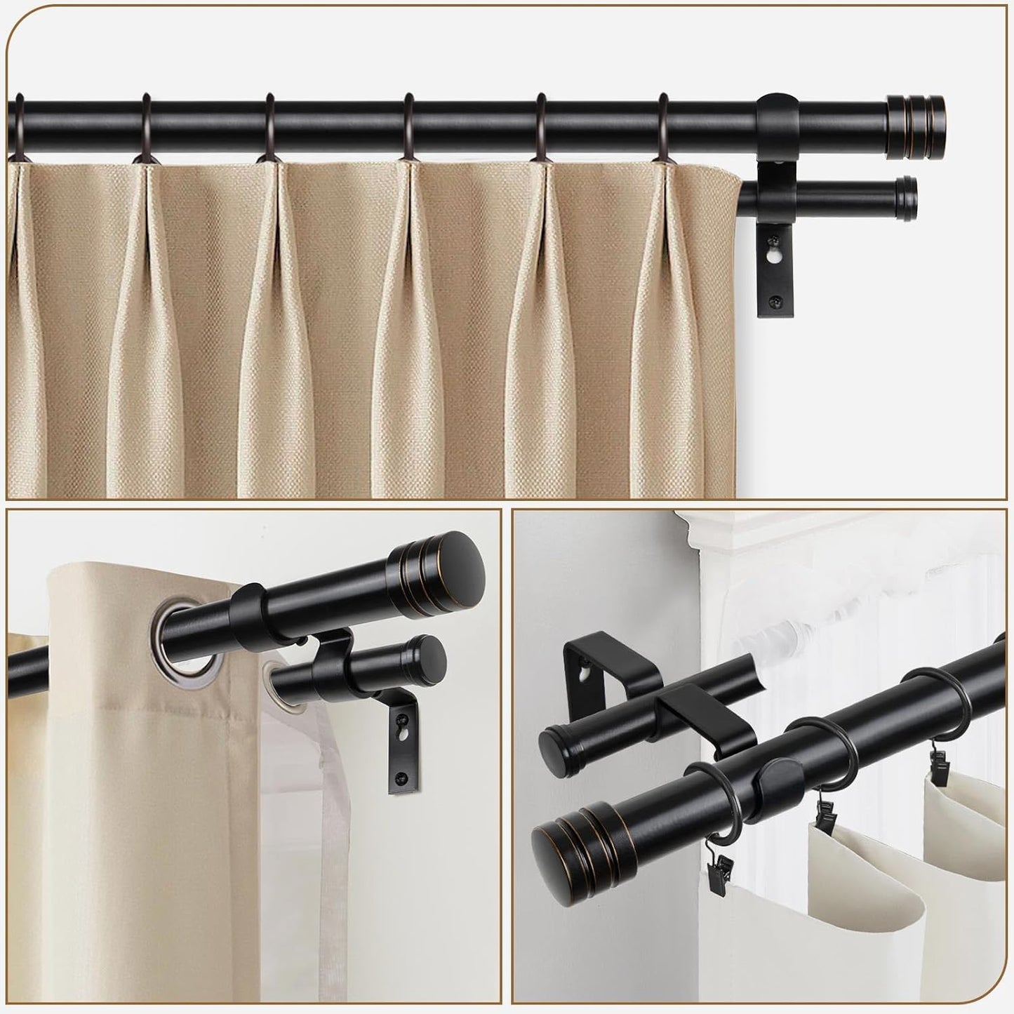 TONIAL1 Inch Double Curtain Rods for Windows 66 to 120 Inches, Heavy Duty Decorative Drapery Rod 32 to 144 Inches with Classic Cap Finial, Black