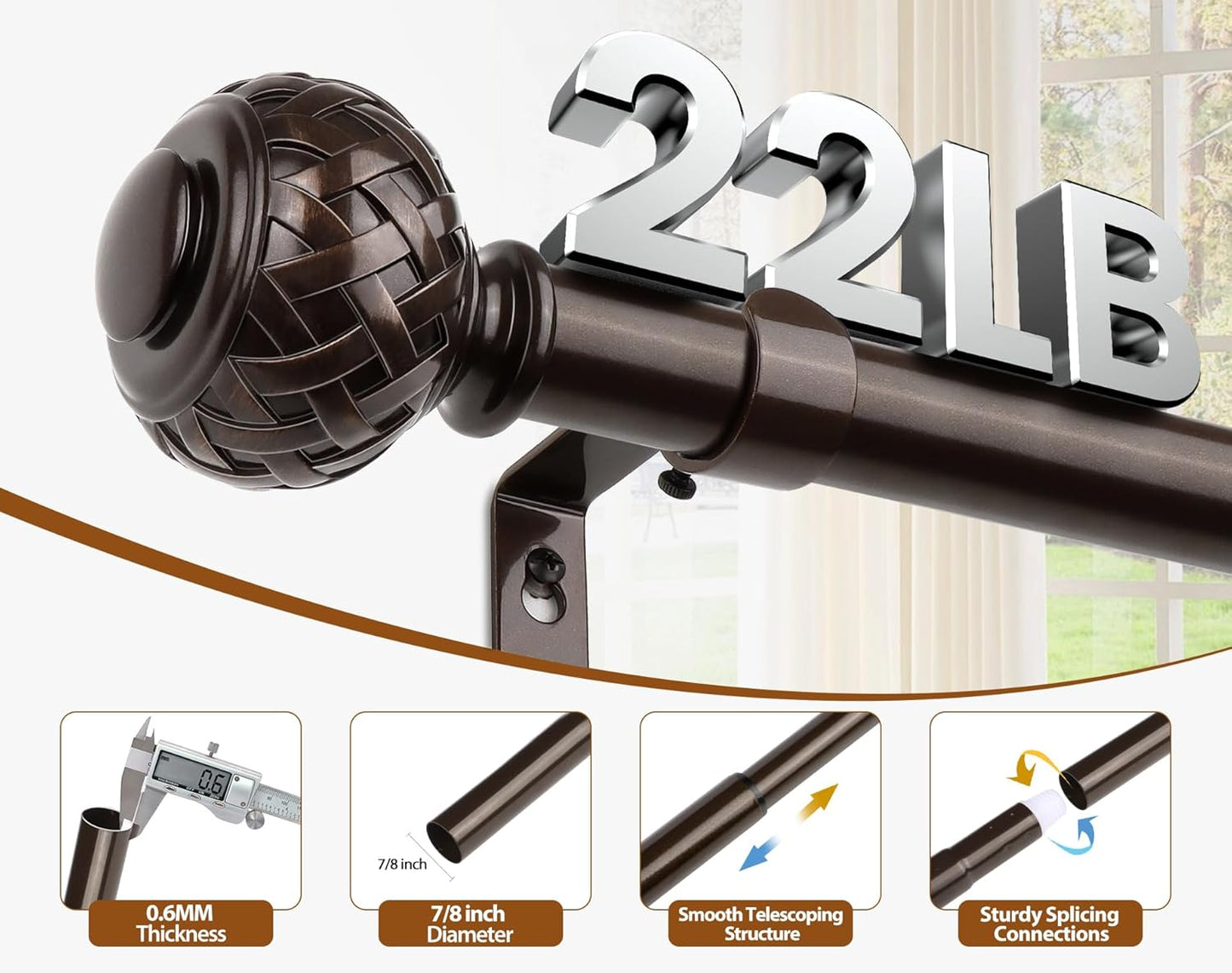 TONIAL Bronze Curtain Rod 32 to 120 Inches, 7/8 Adjustable Curtain Rods for Windows 20 to 116 Inches, Splicing Drapery Rods Heavy Duty with Netted Texture Finials