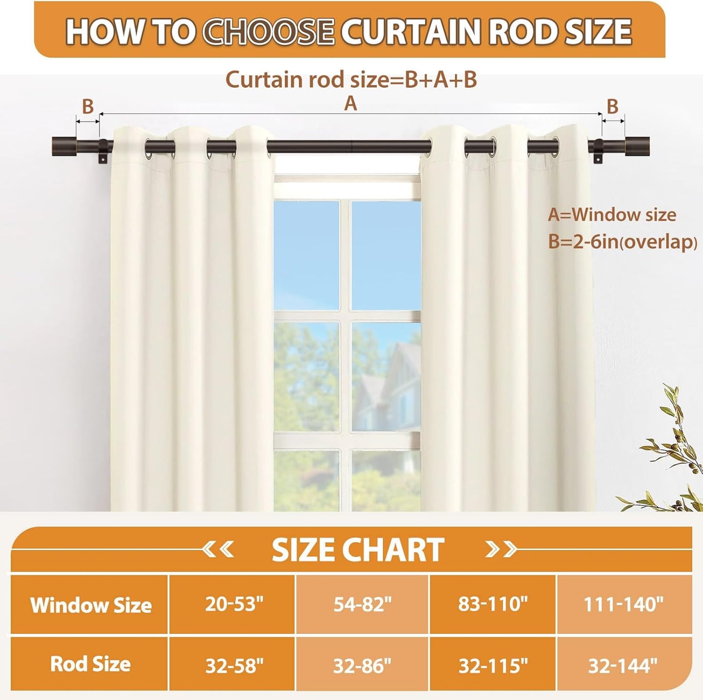TONIAL Curtain Rod 32 to 58 Inch(2.6 to 4.8 ft), Adjustable Splicing Window Curtain Rods, 3/4 Drapery Rods for Windows 20 to 53 Inch, Decorative Single Rod with Modern Cap Finial, Bronze