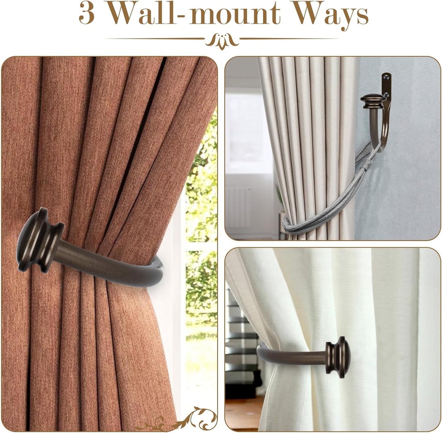 TONIAL Curtain Holdbacks 2 Pack, Decorative Window Drapery Tiebacks for Wall with Small Finials (1 Pair/2 Pack), Bronze