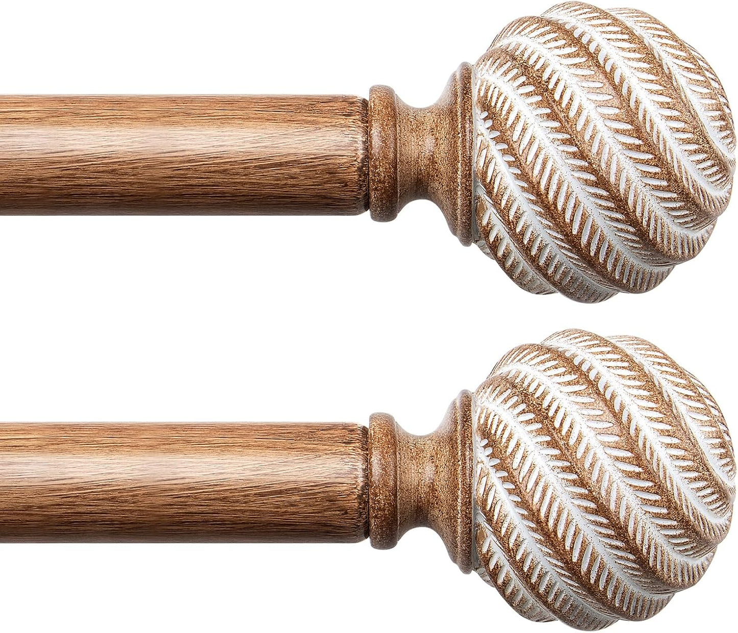 TONIAL 1 Inch Wood Curtain Rods for Windows 66 to 120 Inches, Adjustable 32-120 Inch Long Drapery Rod with Wood Grain Leaf Pattern Finials, Boho Curtain Rod for Living Room, Bedroom, Outdoor, Brown