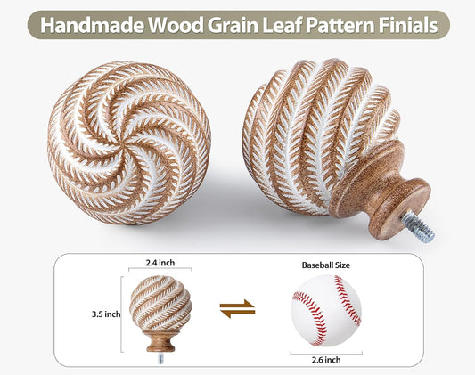 TONIAL 1 Inch Wood Curtain Rods for Windows 66 to 120 Inches, Adjustable 32-120 Inch Long Drapery Rod with Wood Grain Leaf Pattern Finials, Boho Curtain Rod for Living Room, Bedroom, Outdoor, Brown