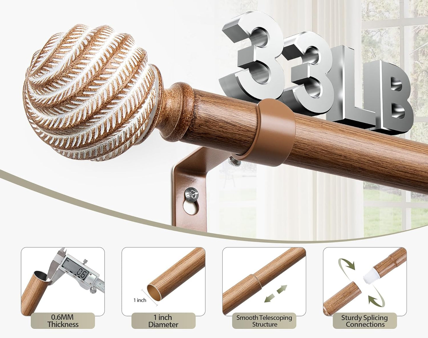 TONIAL 1 Inch Wood Curtain Rods for Windows 66 to 120 Inches, Adjustable 32-120 Inch Long Drapery Rod with Wood Grain Leaf Pattern Finials, Boho Curtain Rod for Living Room, Bedroom, Outdoor, Brown