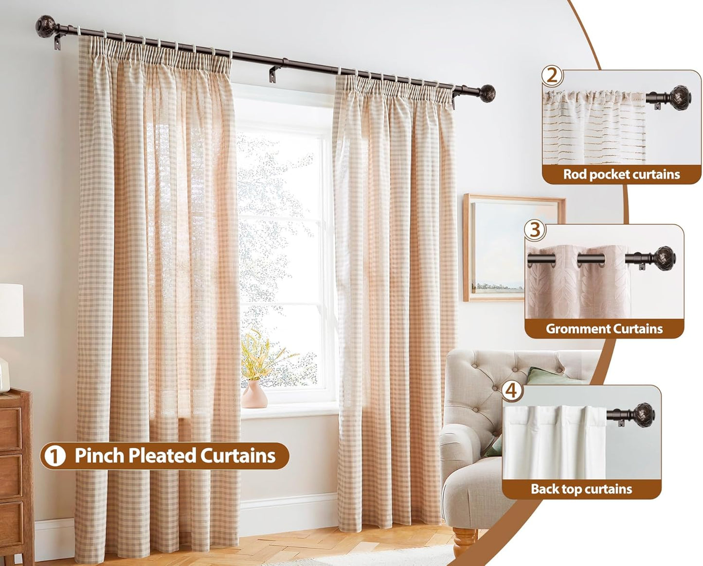 TONIAL Bronze Curtain Rod 32 to 120 Inches, 7/8 Adjustable Curtain Rods for Windows 20 to 116 Inches, Splicing Drapery Rods Heavy Duty with Netted Texture Finials