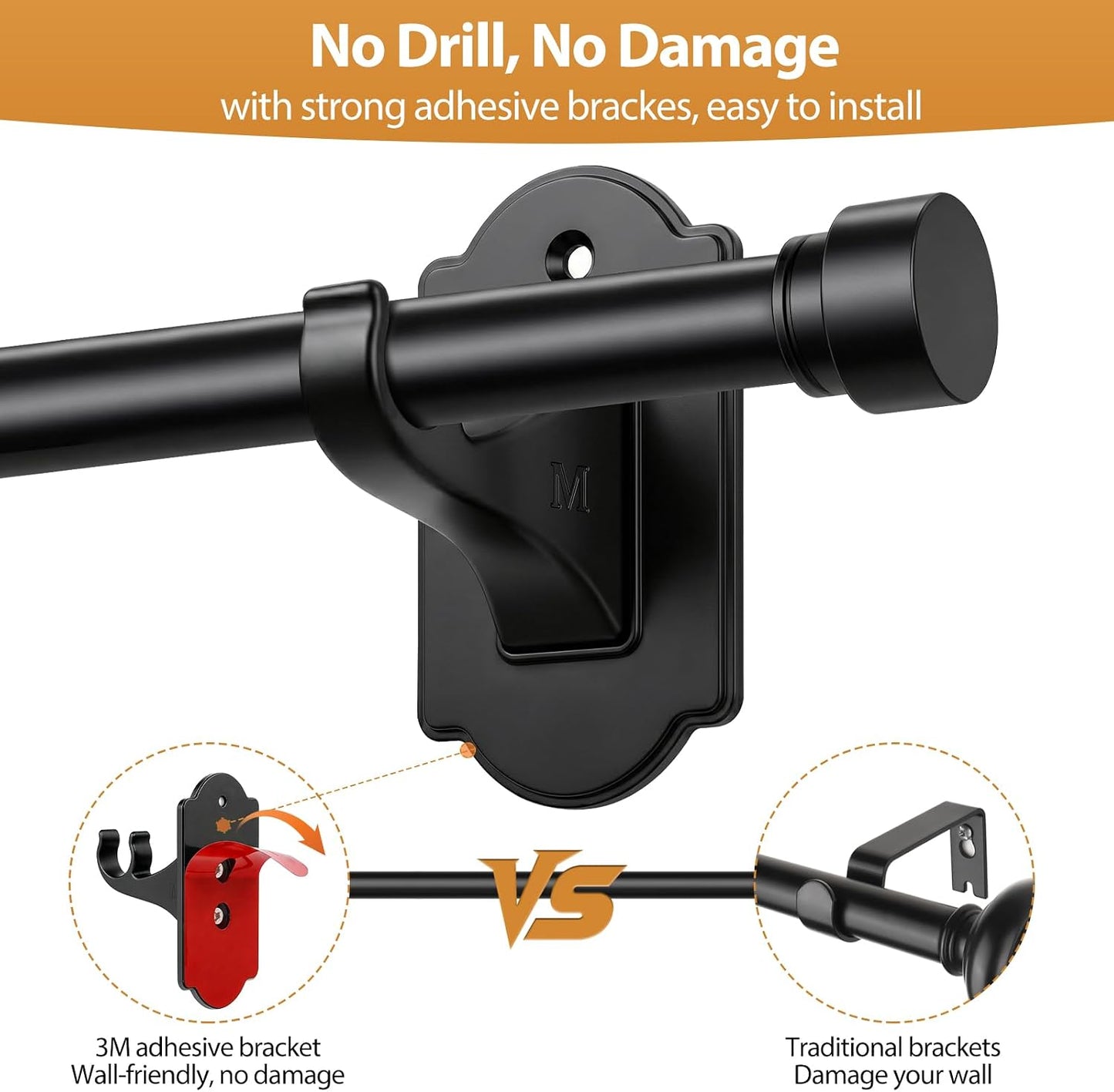 TONIAL Curtain Rods No Drilling for Windows from 54 to 82 Inches, 5/8 Inch Curtain Rod 32 to 86 inch with Adhesive Brackets, Renter Apartment Friendly Adjustable Drapery Rods, Black