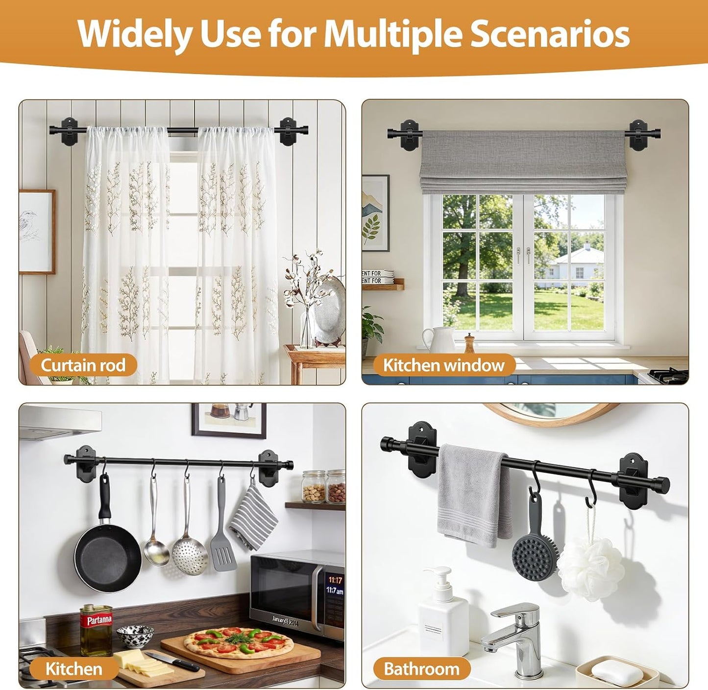 TONIAL Curtain Rods No Drilling for Windows from 54 to 82 Inches, 5/8 Inch Curtain Rod 32 to 86 inch with Adhesive Brackets, Renter Apartment Friendly Adjustable Drapery Rods, Black