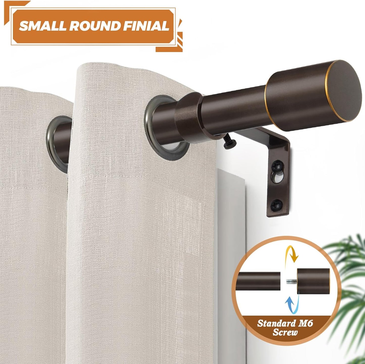 TONIAL Curtain Rod 32 to 58 Inch(2.6 to 4.8 ft), Adjustable Splicing Window Curtain Rods, 3/4 Drapery Rods for Windows 20 to 53 Inch, Decorative Single Rod with Modern Cap Finial, Bronze