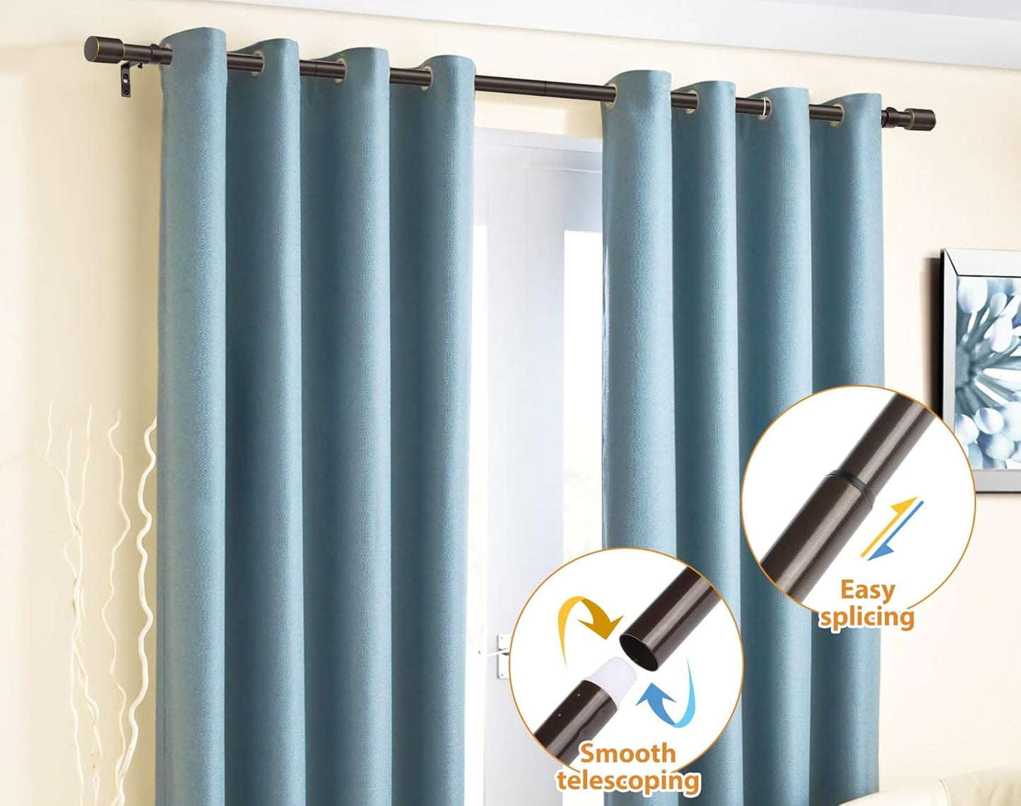 TONIAL Curtain Rod 32 to 58 Inch(2.6 to 4.8 ft), Adjustable Splicing Window Curtain Rods, 3/4 Drapery Rods for Windows 20 to 53 Inch, Decorative Single Rod with Modern Cap Finial, Bronze