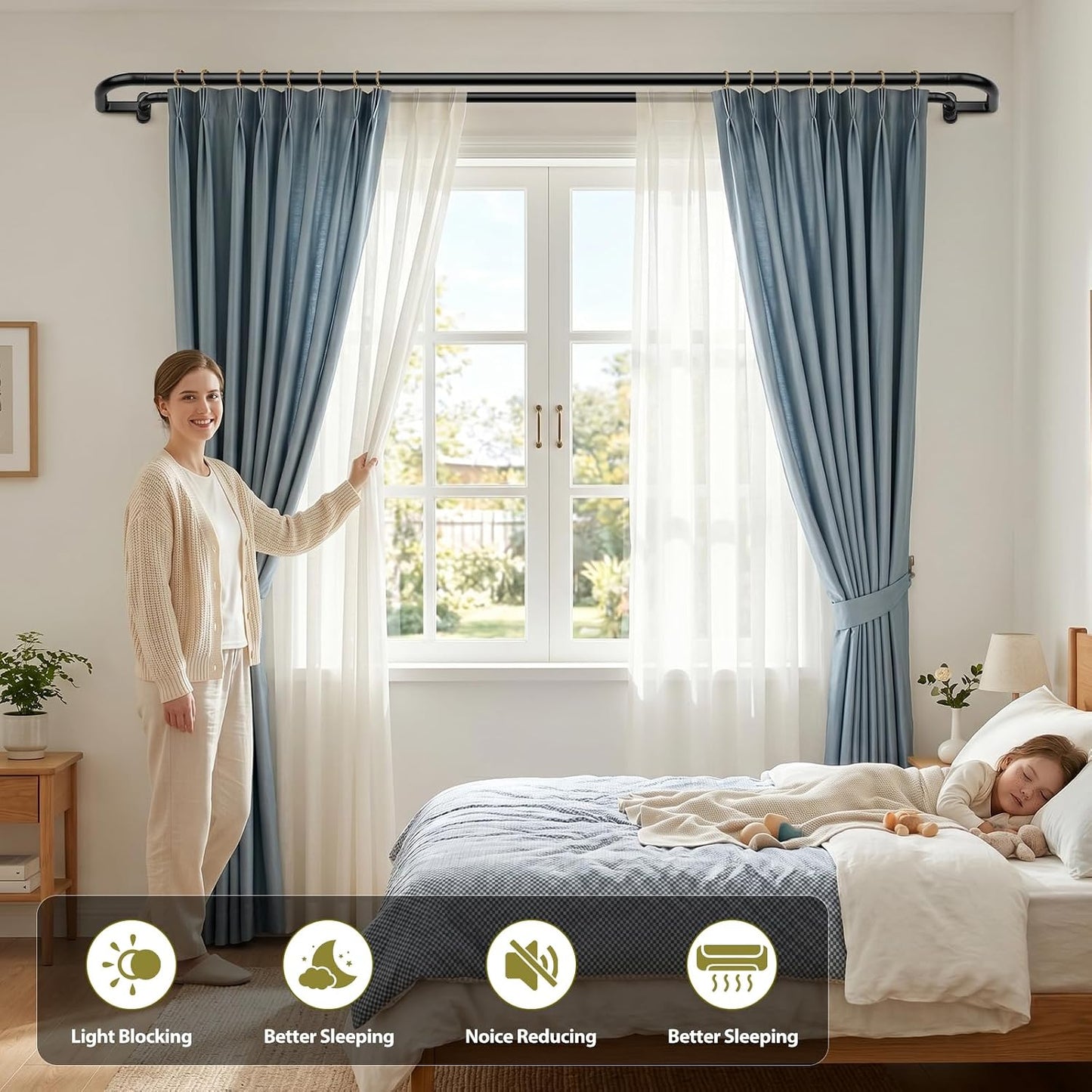 TONIAL Black Double Curtain Rods, Blackout Wrap Around Curtain Rod for Windows 20 to 54 Inches, 6/8 Inches Adjustable Drapery Rods 32 to 58 Inches for Room Darkening Curtains