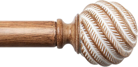 TONIAL 1 Inch Wood Curtain Rods for Windows 66 to 120 Inches, Adjustable 32-120 Inch Long Drapery Rod with Wood Grain Leaf Pattern Finials, Boho Curtain Rod for Living Room, Bedroom, Outdoor, Brown