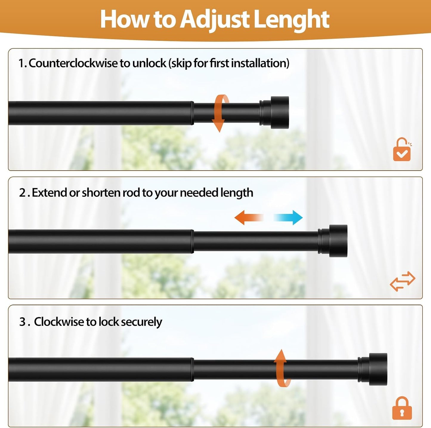 TONIAL Curtain Rods No Drilling for Windows from 54 to 82 Inches, 5/8 Inch Curtain Rod 32 to 86 inch with Adhesive Brackets, Renter Apartment Friendly Adjustable Drapery Rods, Black