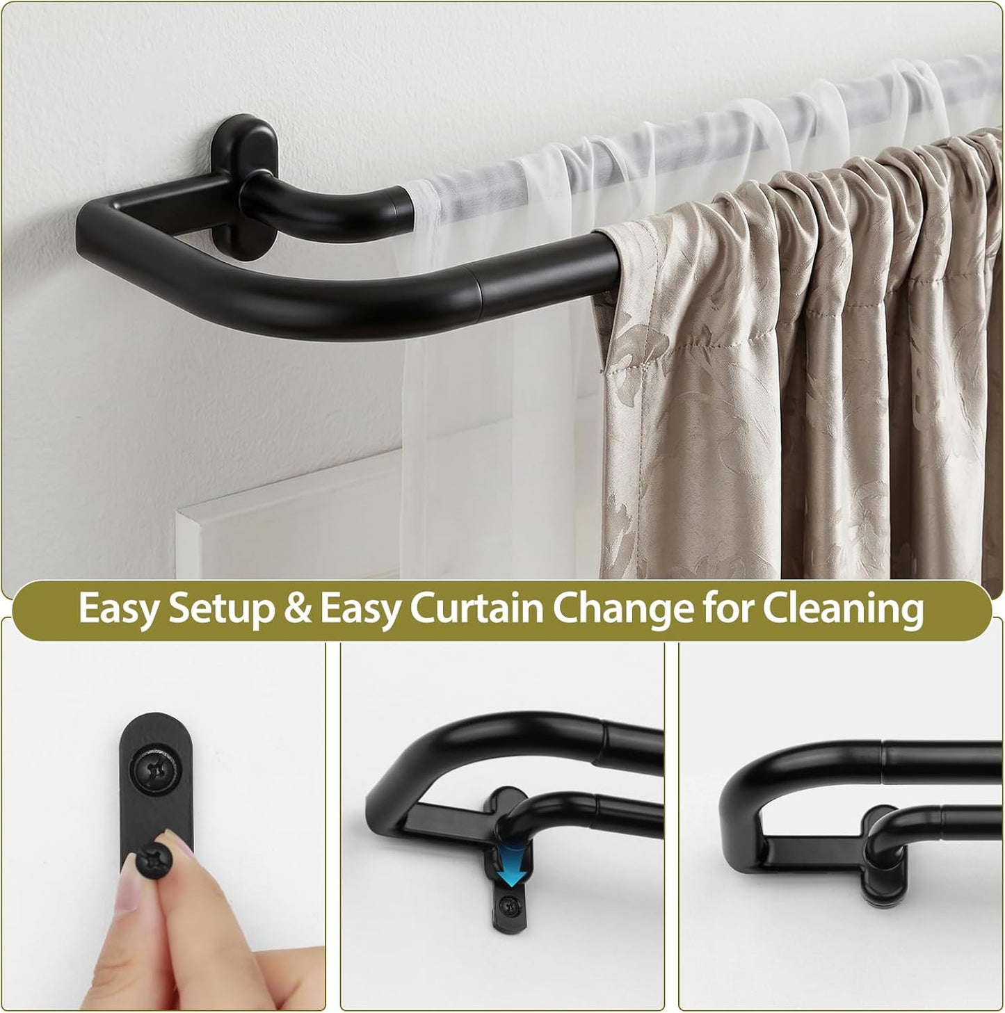 TONIAL Black Double Curtain Rods, Blackout Wrap Around Curtain Rod for Windows 20 to 54 Inches, 6/8 Inches Adjustable Drapery Rods 32 to 58 Inches for Room Darkening Curtains