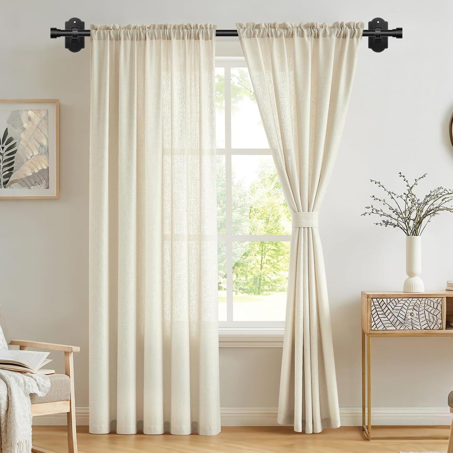 TONIAL Curtain Rods No Drilling for Windows from 54 to 82 Inches, 5/8 Inch Curtain Rod 32 to 86 inch with Adhesive Brackets, Renter Apartment Friendly Adjustable Drapery Rods, Black