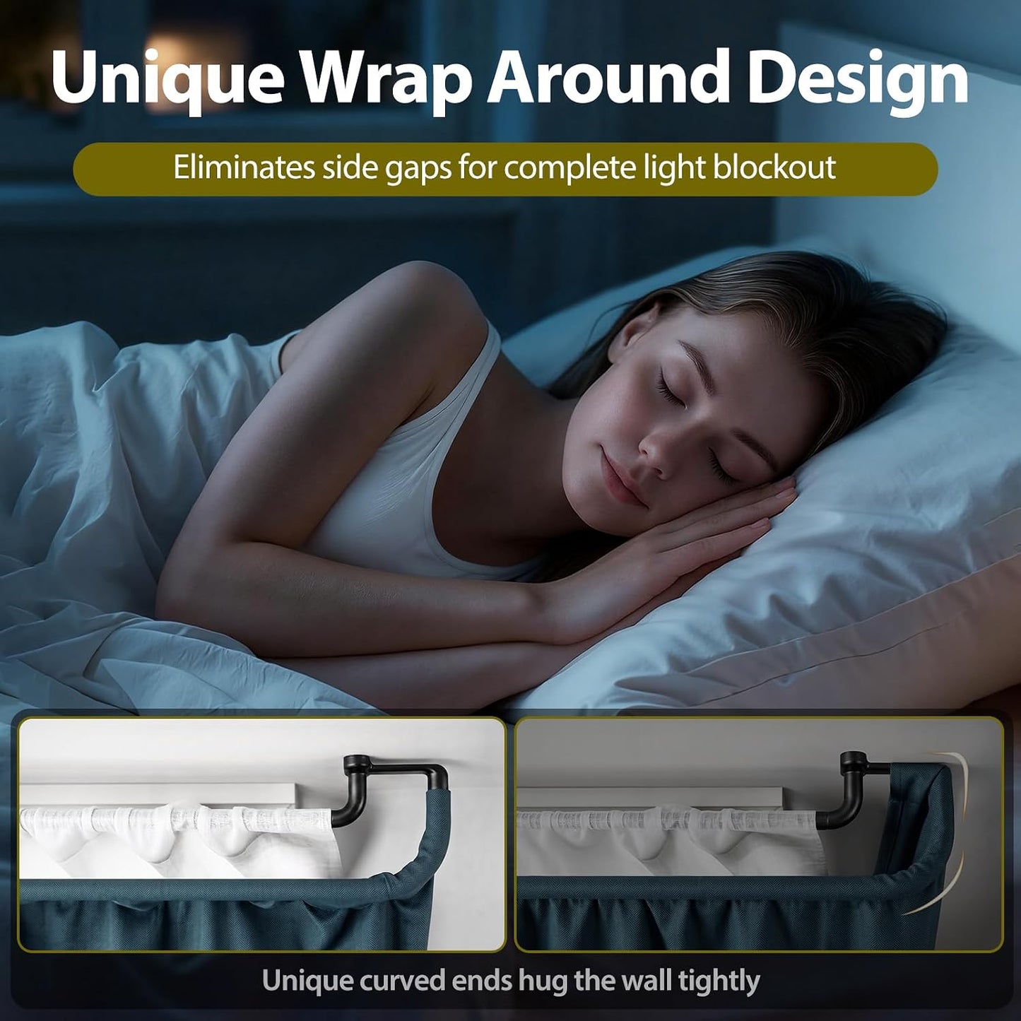TONIAL Black Double Curtain Rods, Blackout Wrap Around Curtain Rod for Windows 20 to 54 Inches, 6/8 Inches Adjustable Drapery Rods 32 to 58 Inches for Room Darkening Curtains