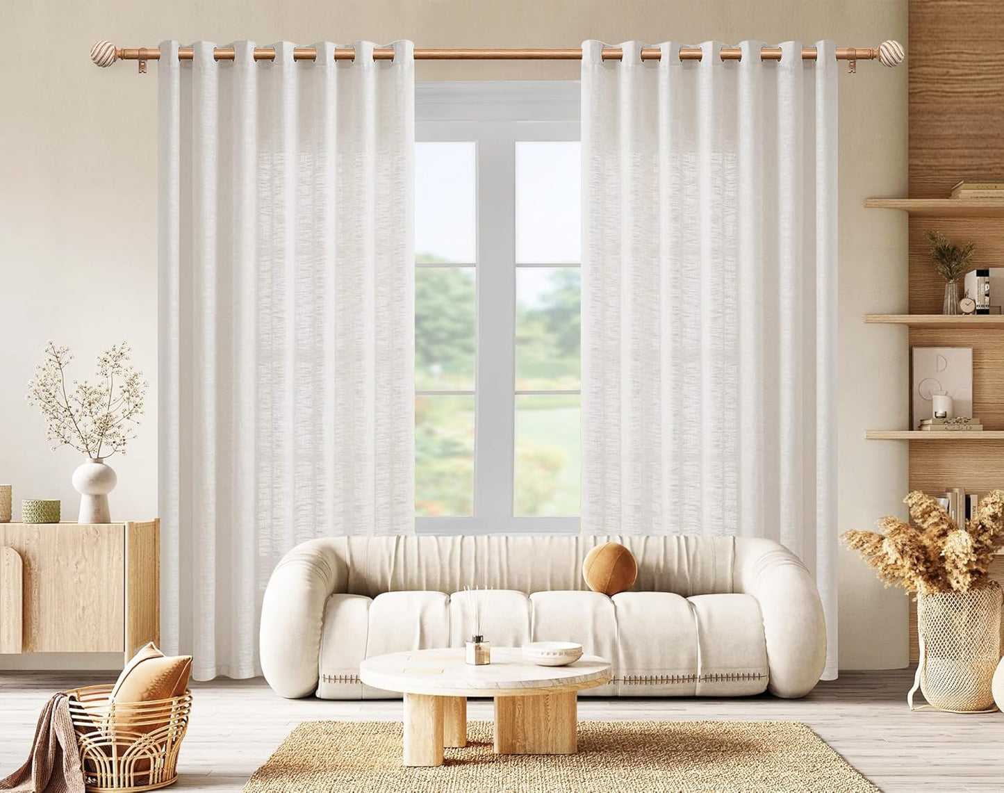 TONIAL 1 Inch Wood Curtain Rods for Windows 66 to 120 Inches, Adjustable 32-120 Inch Long Drapery Rod with Wood Grain Leaf Pattern Finials, Boho Curtain Rod for Living Room, Bedroom, Outdoor, Brown